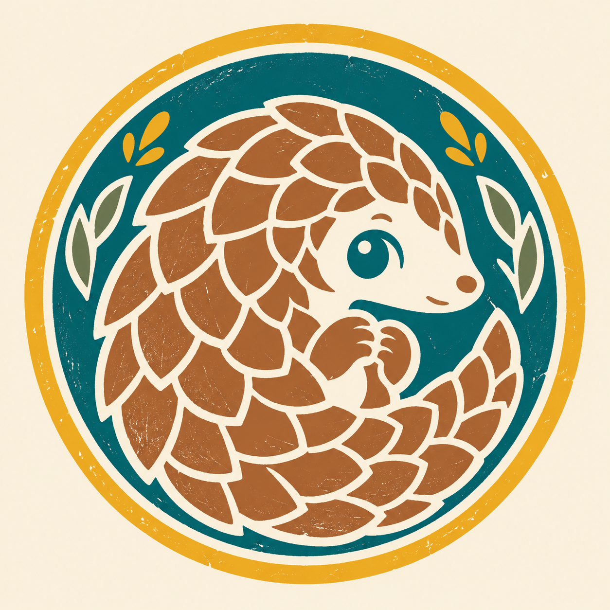 A friendly pangolin curled inside a teal and sunflower-gold circle.